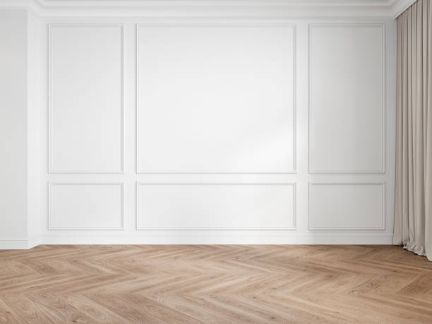 Modern classic white interior blank wall with moldings, panelling, wood floor, curtain. Modern classic white interior blank wall with moldings, panelling, wood floor, curtain. 3d render illustration mock up. shaping room stock pictures, royalty-free photos & images