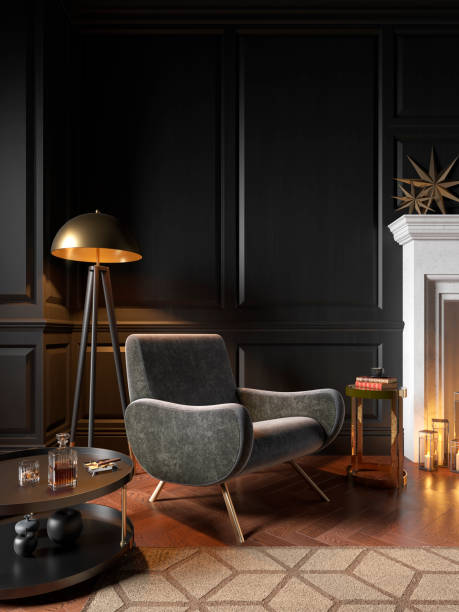istock Classic black interior with armchair, fireplace, candle, coffee table, floor lamp, carpet. 1208805072