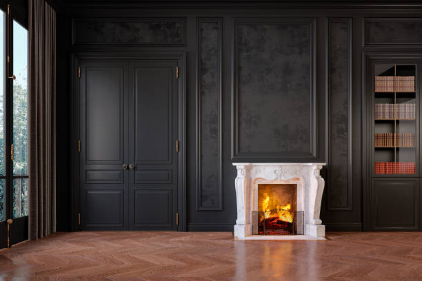 istock Classic black interior with fireplace, moldings, wall pannel, books. 1208805343