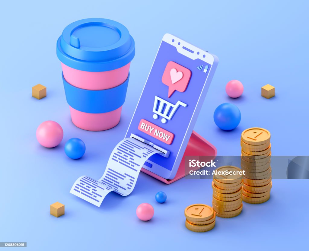 Online shopping concept Cup of coffee, smart phone and coin stacks. 3d illustration Three Dimensional Stock Photo