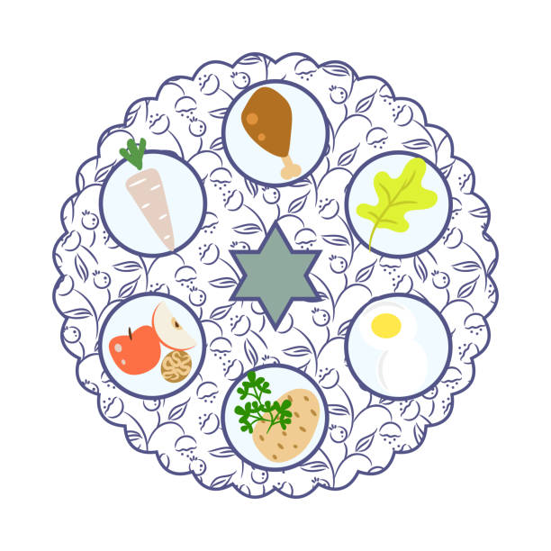 음식 만화 벡터 일러스트와 유월절 세더 플레이트. - passover seder judaism seder plate stock illustrations