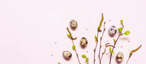 istock Blooming young twigs and quail eggs on pastel pink background. Happy easter concept, banner format 1208806787