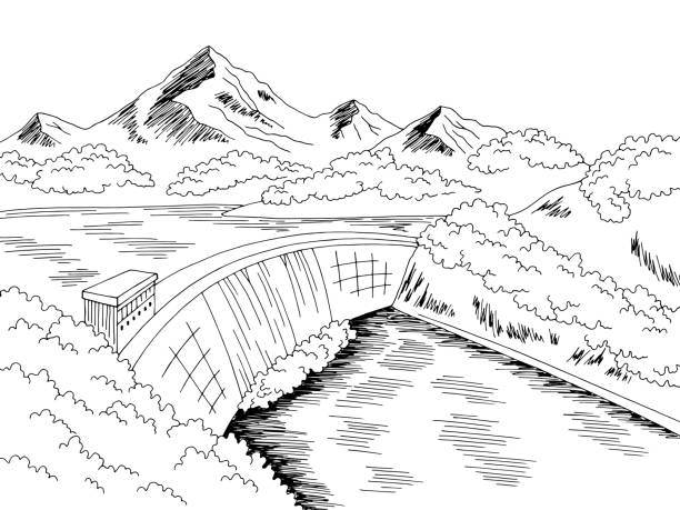 ilustrações de stock, clip art, desenhos animados e ícones de dam hydropower river graphic black white landscape sketch illustration vector - russia river landscape mountain range