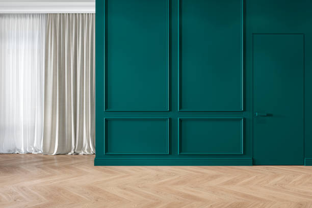 Modern classic green interior blank wall with moldings, curtains, hiden door and wood floor. Modern classic green interior blank wall with moldings, curtains, hiden door and wood floor. 3d render illustration mock up. moulding door jamb wood stock pictures, royalty-free photos & images
