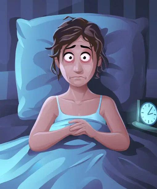 Vector illustration of Sleepless Young Woman Lying In Her Bed