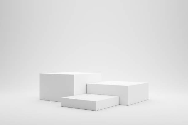istock Empty podium or pedestal display on white background with box stand concept. Blank product shelf standing backdrop. 3D rendering. 1208807944