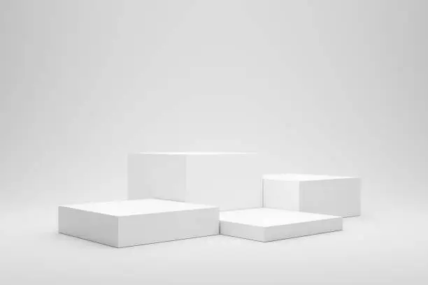 Empty podium or pedestal display on white background with box stand concept. Blank product shelf standing backdrop. 3D rendering.