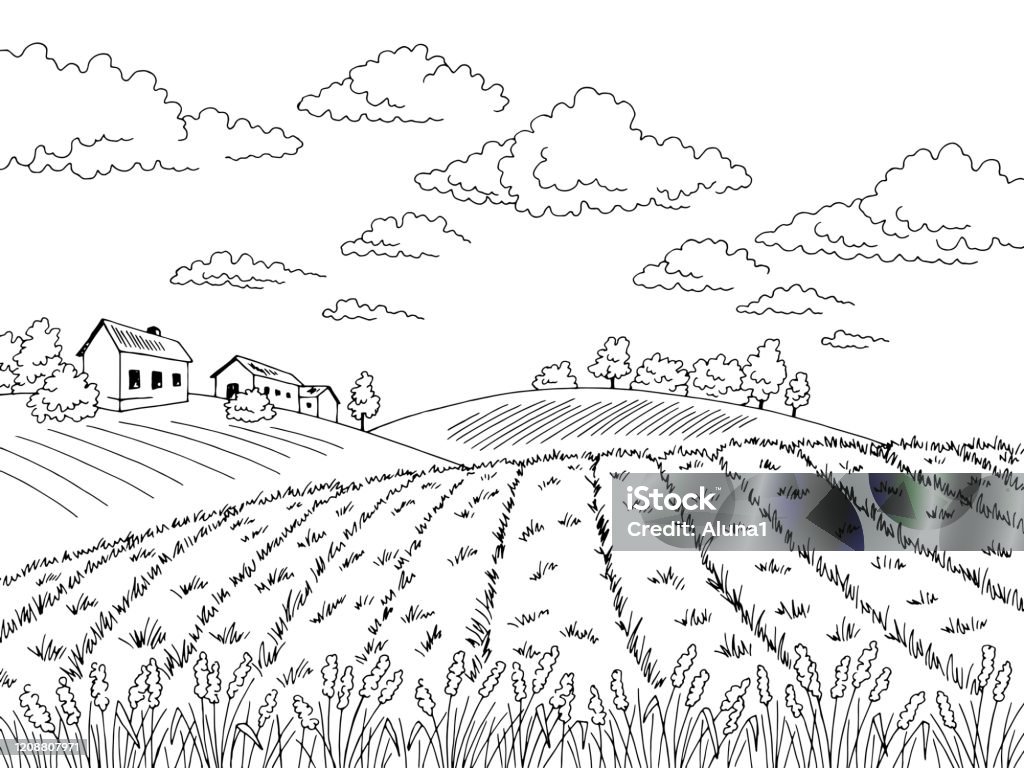 Field graphic black white landscape sketch illustration vector Line Art stock vector