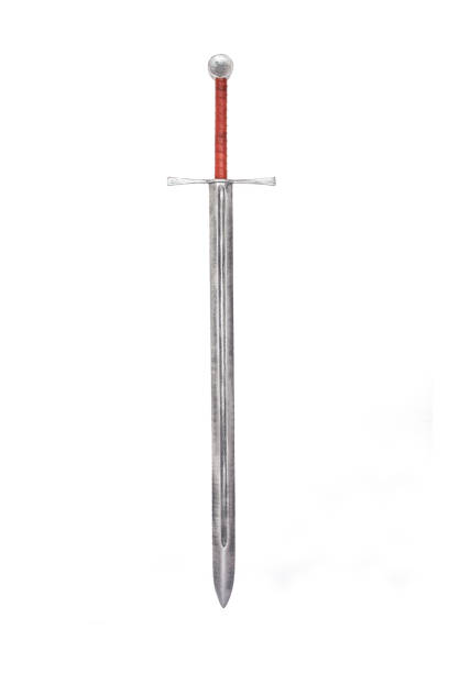 istock Metal sword on a white background with a brown hilt and an unusual guard. 1208808421
