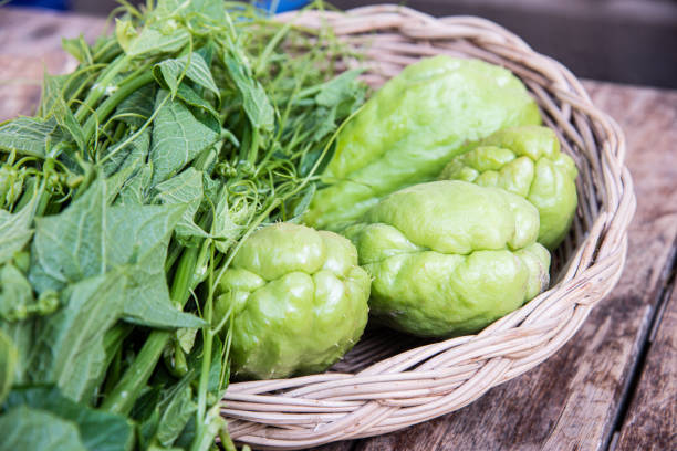 Green fresh chayote in bamboo basket for cook.