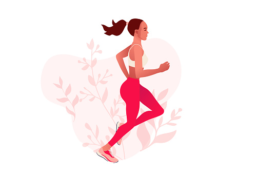 Slim happy fitted woman running outdoor in sportswear and training shoes. Summer morning jogging. Vector illustration isolated on white background.