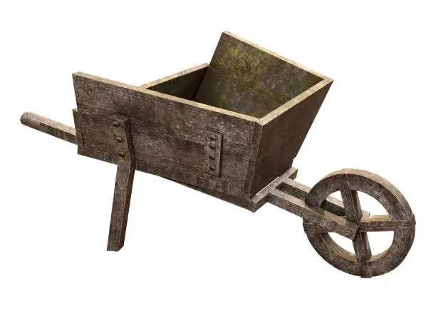 Photo of 3D illustration retro wheelbarrow on white