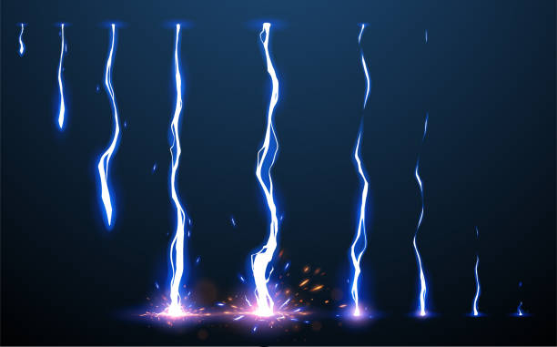 illustrazioni stock, clip art, cartoni animati e icone di tendenza di animazione lightning impostata con scintille - thunderstorm