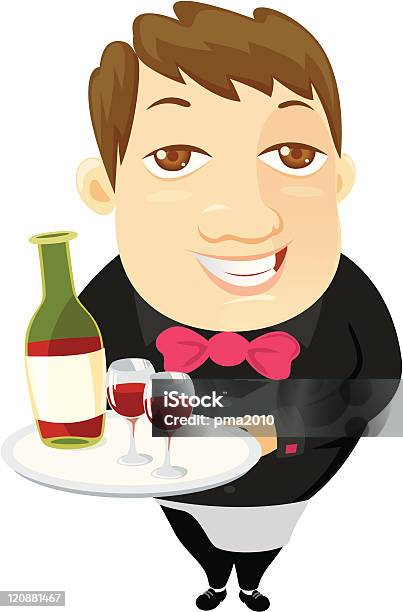 Waiter Holding A Tray With Red Wine Stock Illustration - Download Image Now - Adult, Bartender, Bottle