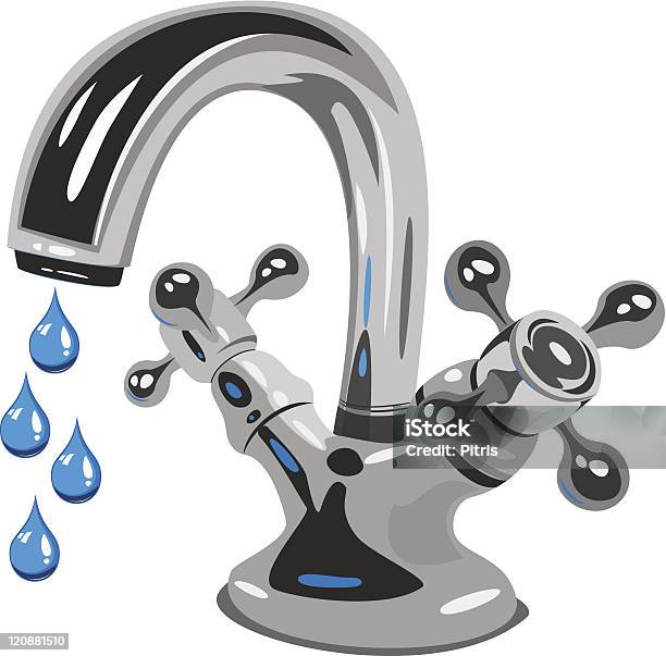 Illustration Of Faucet Dripping Water Stock Illustration - Download Image Now - Blue, Chrome, Cold Drink