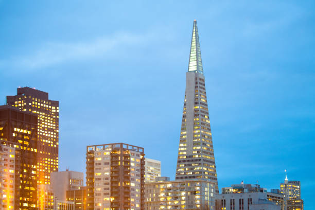 skyline von gebäuden im financial district mit transamerica pyramidengebäude in san francisco. - pier seven stock-fotos und bilder