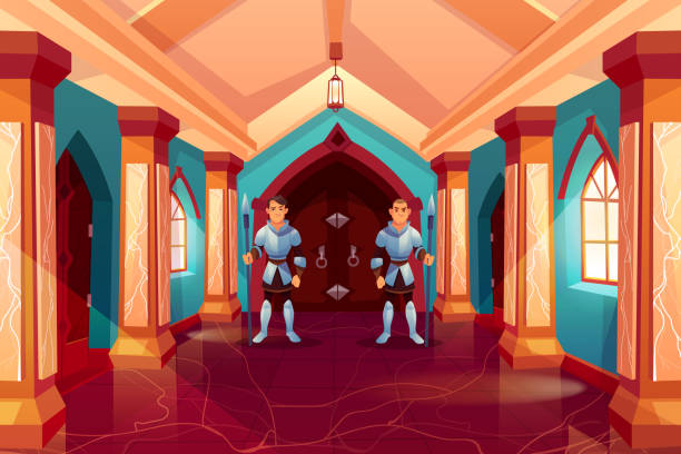 Armed guards in knight armor stand at forged door Armed guards in knight armor stand near forged wooden door in castle corridor protecting king apartment, medieval palace interior, hallway with pillars and marble floor, Cartoon vector Illustration fairy door fairy tale antique stock illustrations