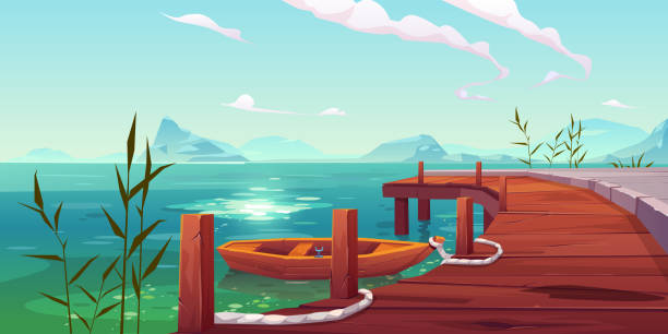 Wooden pier and boat on river natural landscape Wooden pier and boat on river natural landscape, wharf with ropes and reed growing in water on picturesque lake background with mountains view. Cartoon vector illustration bay cartoon stock illustrations