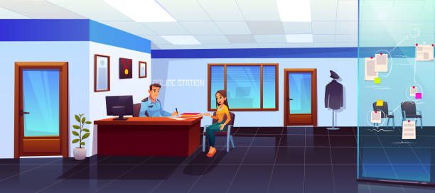 Police station with policeman and girl visitor Police station interior with policeman and girl visitor communicating, man officer listening and writing woman victim or witness testimony, interrogation, testify, cop work Cartoon vector Illustration police interview stock illustrations