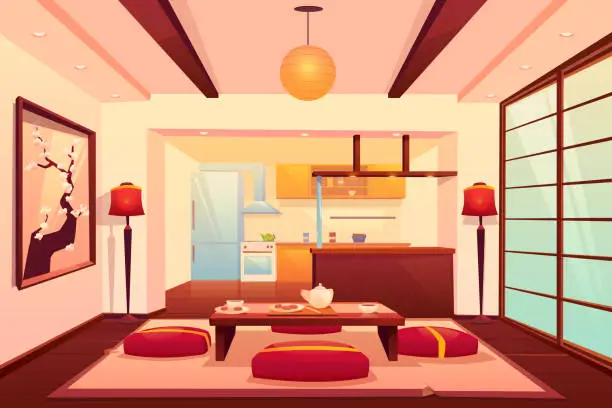 Vector illustration of Kitchen in asian style, chinese, japanese room