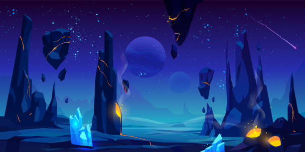 Space background, night alien fantasy landscape Space background, neon night alien fantasy landscape with flying rocks, crystals, falling meteor in dark starry sky, extraterrestrial craters full of glowing liquid lava, Cartoon vector illustration fantasy background stock illustrations