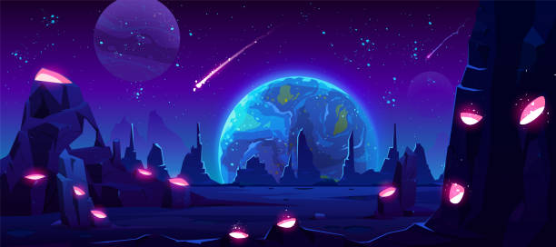 Earth view at night from alien planet, neon space Earth view at night from alien planet, neon space background with falling meteor in dark starry sky, fantasy extraterrestrial landscape with craters full of glowing liquid, Cartoon vector illustration alien planet stock illustrations