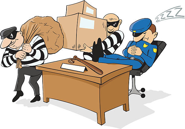 illustrazioni stock, clip art, cartoni animati e icone di tendenza di guardia/policeman sonnecchiare - thief criminal carrying burglar