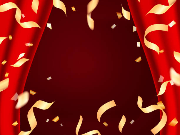 istock Vector stock illustration. Red open curtains and golden serpentine 1208816592