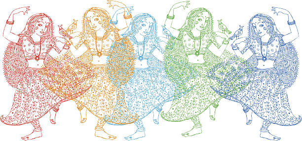 Five Indian Dancers vector art illustration