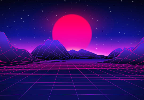 retro futuristische landschaft mit sonne und glänzendem gitter - dance and electronic blue shiny empty stock-grafiken, -clipart, -cartoons und -symbole