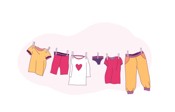 ilustrações, clipart, desenhos animados e ícones de roupas de bebê bonitas secando na corda. ilustração vetorial. - laundry clothing clothesline hanging