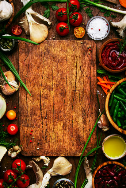 food cooking background, ingredients for preparation vegan dishes, vegetables, roots, spices, mushrooms and herbs.  healthy food concept. rustic wooden table. top view - fungus roots imagens e fotografias de stock