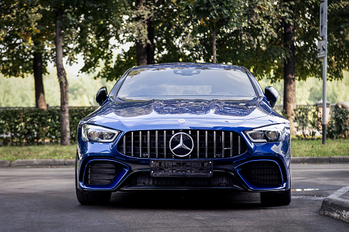 Russia Kemerovo 2019-09-16 blue car Mercedes-AMG GT 63 43 53 4MATIC parked outdoor on summer street background