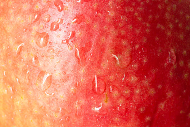 drops of water on a red apple background