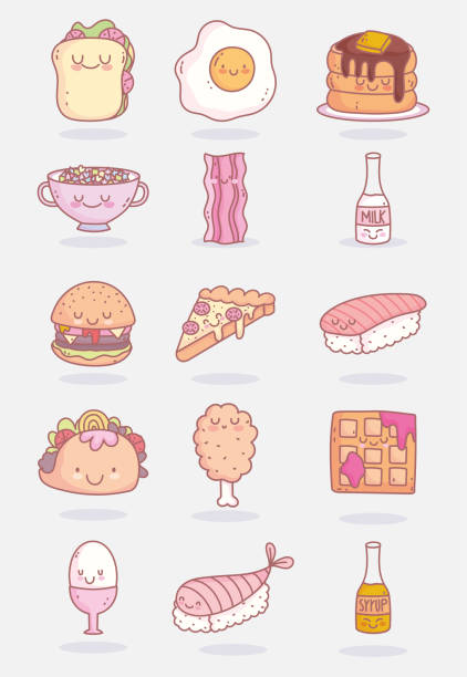 еда милые символы меню ресторан иконки - bread waffle bacon toast stock illustrations