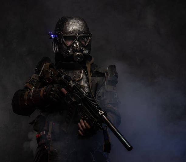 istock Cyborg with weapon in mist and smoke 1208830656
