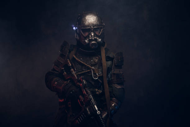 istock Cyborg with weapon in mist and smoke 1208831013