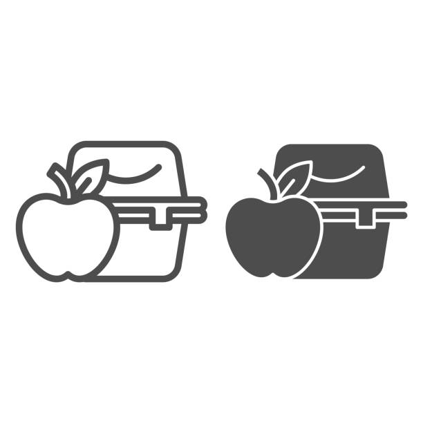 lunchbox-linie und volumenkörper-symbol. apfel mit kunststoffbehälter mit hausgemachten lebensmitteln. schulvektor-design-konzept, umriss stil piktogramm auf weißem hintergrund. - lunch box packed lunch apple symbol stock-grafiken, -clipart, -cartoons und -symbole