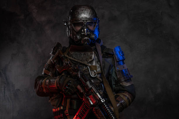 istock Powerful futuristic knight in red and blue lights 1208832268