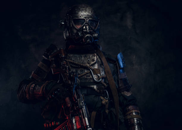 istock Powerful futuristic knight in red and blue lights 1208832289