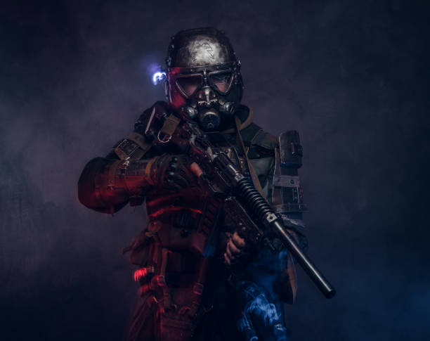 istock Powerful futuristic knight in red and blue lights 1208832305
