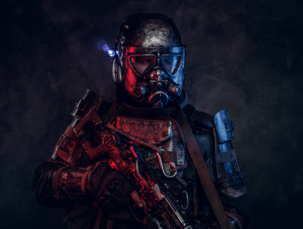 istock Powerful futuristic knight in red and blue lights 1208832320