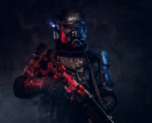 istock Powerful futuristic knight in red and blue lights 1208832339