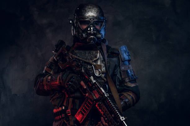 istock Powerful futuristic knight in red and blue lights 1208832377