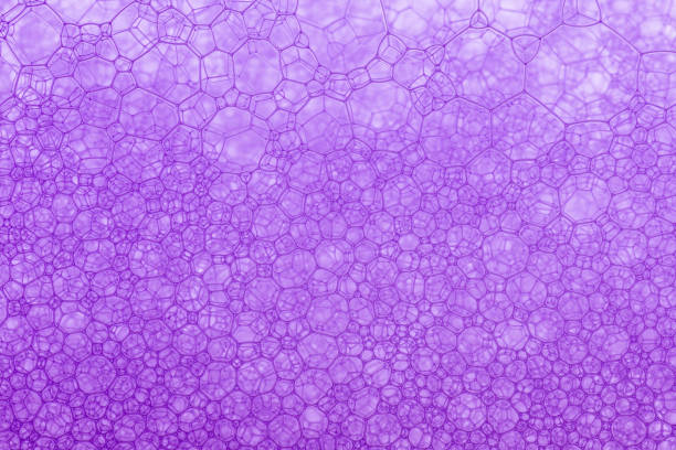 istock Bathtub foam. Detergent soap bubble and suds for bath. Shampoo. Vibrant fizz and splash. Realistic water frame and border. 3d vector illustration template. Purple colorful liquid bathtub foam 1208832555