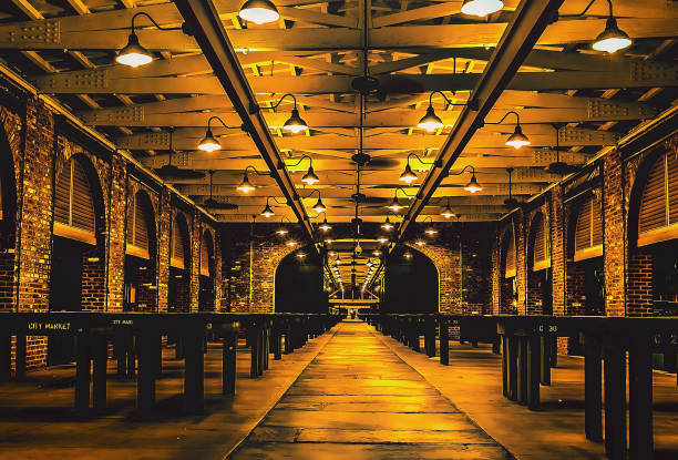 During the day, this historic landmark is flooded with vendors and tourists.  This is a night shot without any people and highlighting leading lines with both the lights and the continued halls.  The building itself that hosts the flea market is 3 blocks long.