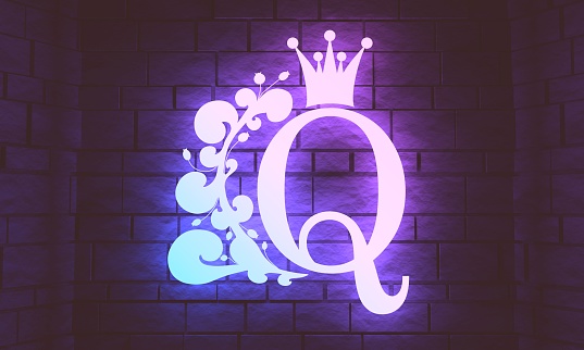 Vintage royal emblem with Q letter silhouette. Medieval queen crown. Fashion branding emblem. 3D rendering. Neon bulb illumination