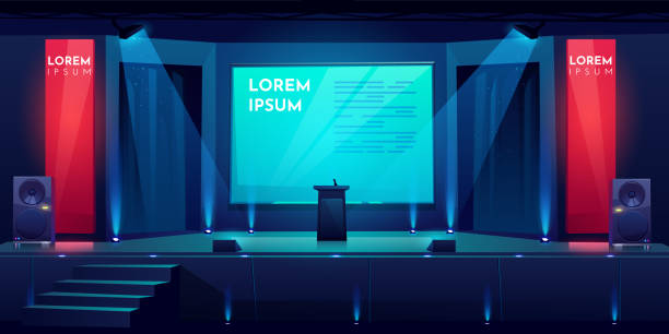 Conference hall, stage for presentation, scene Conference hall, stage for presentation, empty dark scene interior with tribune, microphone, glowing spotlights illumination, huge screen and acoustic dynamics by sides, Cartoon vector illustration presentation speech backgrounds stock illustrations