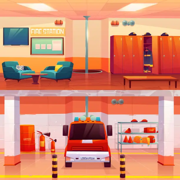 Vector illustration of Fire station empty interior and garage with car