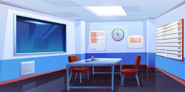 Interrogation room in police station interior Interrogation room in police station, empty interior for questioning crimes with handcuffs on table, height scale and glass window, place for interview arrested people. Cartoon vector Illustration police interview stock illustrations